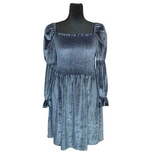 Velvet Milkmaid Smocked Square Neck Peasant Puff Sleeve Mini Dress - Blue XL